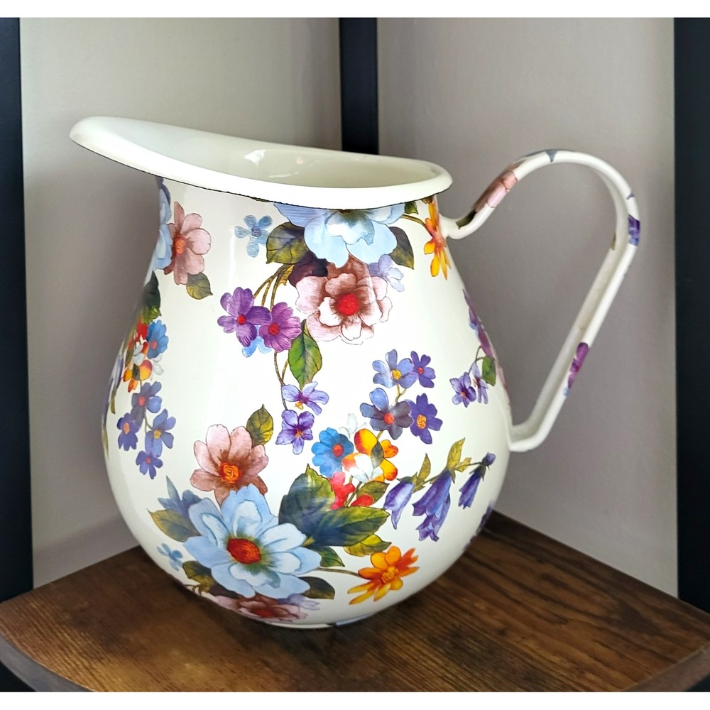 Mackenzie-Childs Flower Market Enamel Floral Pitcher 5 qt White Multicolor